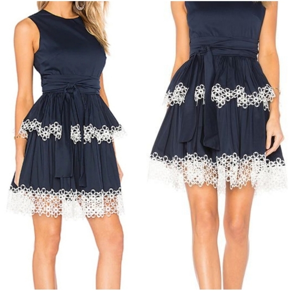 NWT Alexis Desiree Tiered Lace Trim Navy Blue White Medium